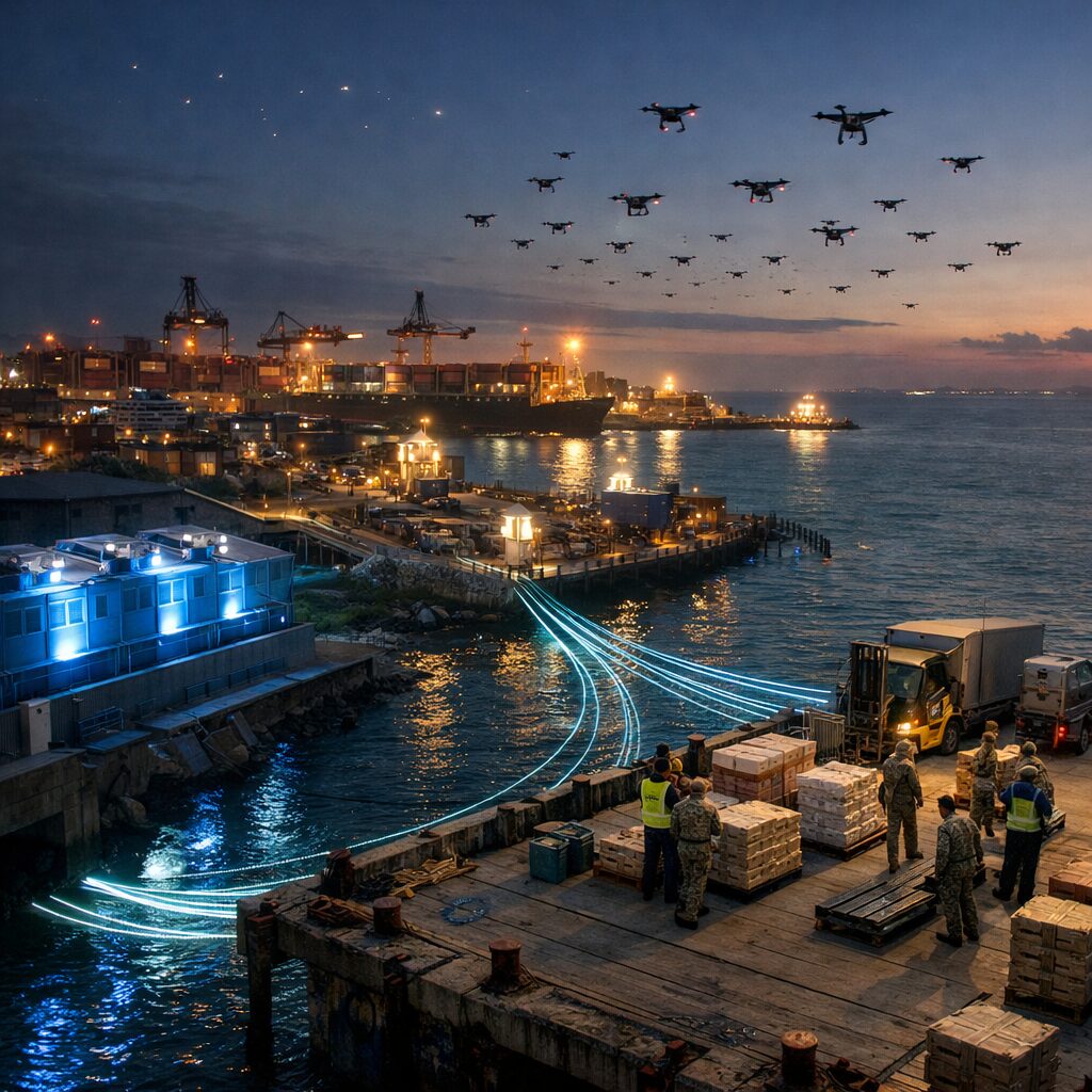 A high-angle photograph at dusk of a coastal logistics hub where shipping containers, a cloud of drones and illuminated fibre-optic cable landing stations converge. In the foreground, a battered but functional pier hosts soldiers and aid workers loading pallets; to one side, a nearby data centre with cooling vents glows blue. On the horizon, a constellation of satellites is visible as faint points of light. The composition contrasts human-scale activity with layered technological systems, suggesting the entanglement of military, commercial and civilian infrastructures.
