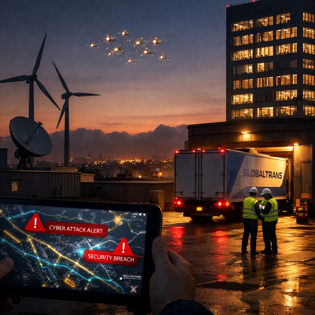 A dusk-lit industrial rooftop scene: silhouetted wind turbines and a compact satellite dish flank a modern, windowed office tower. In the foreground, a logistics truck with company livery backs into a lit loading bay where workers in high-visibility jackets consult tablets. Across the skyline, a cluster of micro-satellites glows faintly as they drift above a low-lying cloud bank; below, a map on a tablet shows animated supply routes and cyber-incident alerts. The mood is tense but orderly — a visual of corporate resilience in an unsettled geopolitical world.
