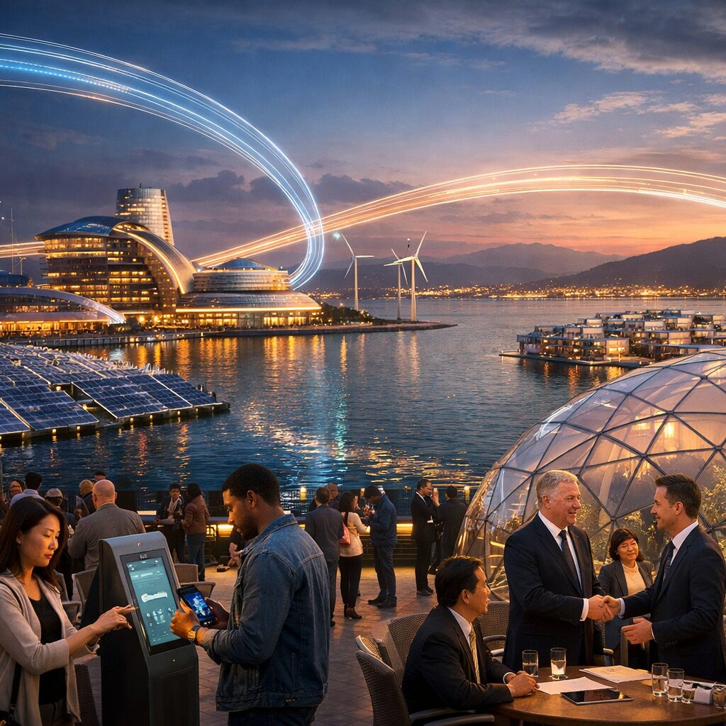A high-resolution, cinematic image of a coastal city at dusk where futuristic municipal hubs connect by illuminated aerial corridors. In the foreground, a waterfront plaza shows diverse people scanning biometric kiosks and exchanging digital tokens on handheld devices; a mayoral delegation meets representatives from a corporation under a transparent geodesic canopy. In the background, solar arrays, wind turbines and a floating modular housing cluster sit adjacent to a neighbouring country's shoreline visible across a calm strait, with data-stream visualisations arcing between them like neon bridges — symbolising intertwined governance, technology and climate-adaptive infrastructure.
