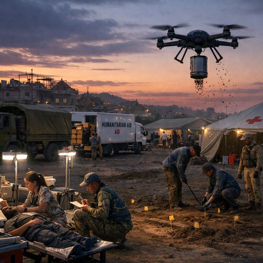 A dusk scene showing a mixed convoy: a military logistics vehicle alongside civilian humanitarian trucks unloading supplies at a temporary field hospital. In the foreground, medics in civilian-pattern uniforms tend to patients under modular lighting; to one side, a quadcopter drone lifts off carrying a small seed-dispensing canister, while a team with a metal-detector carefully marks a cleared patch of earth for planting. The skyline hints at a recovering town with scaffolded roofs; the overall tone is gritty but purposeful, emphasising coordination, technology repurposing and community resilience.