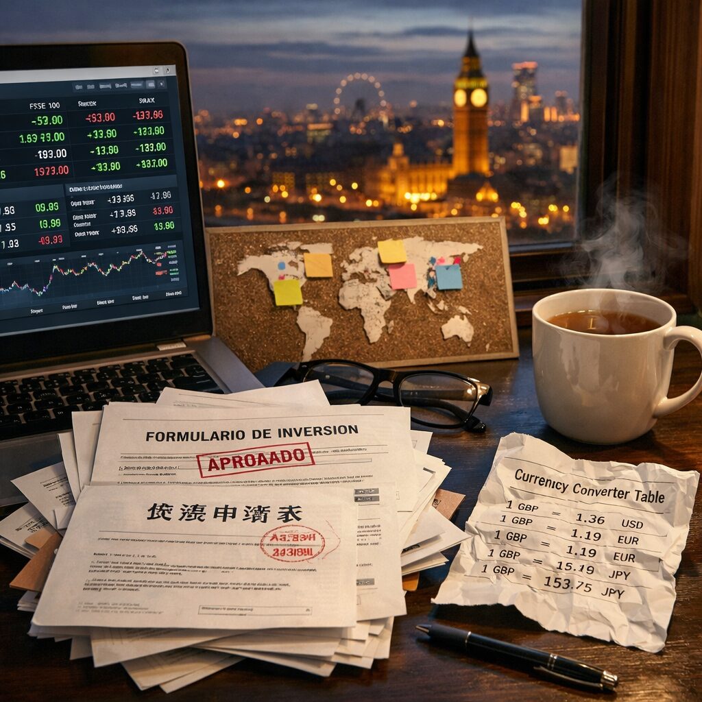 A candid, high‑resolution image of a UK investor’s desk at dusk: a laptop screen half showing market data for multiple global exchanges, a pile of paper forms stamped with foreign language headers (Spanish, Mandarin), a small world map pinned with coloured post‑it notes, a crumpled currency converter printout, and a steaming mug of tea. Outside the window, city lights and a distant European skyline hint at time‑zone differences; the scene suggests both ambition and the quiet administrative reality behind overseas investments.