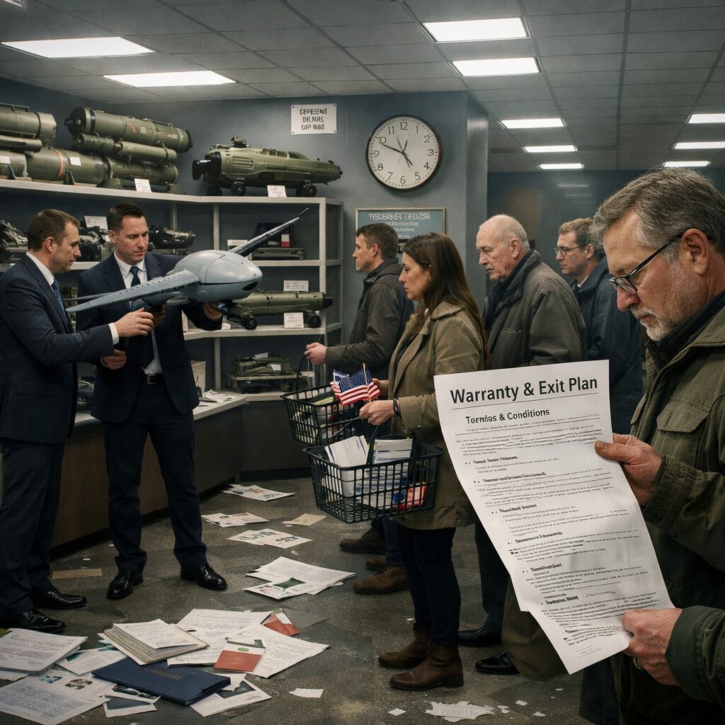 A stark, realistic image of a government procurement office transformed into a surreal marketplace: polished military hardware displayed like household appliances on shelves, salespeople in suits demonstrating a drone as if it were a vacuum cleaner, a war planner consulting a lengthy 'warranty and exit plan' leaflet, and a sombre queue of citizens holding shopping baskets filled with miniature flags and legal documents. The lighting is cold and fluorescent, emphasising bureaucratic paperwork scattered across the floor and a wall clock showing late evening — a visual metaphor for commerce, consequence and the human cost behind every purchase of conflict.