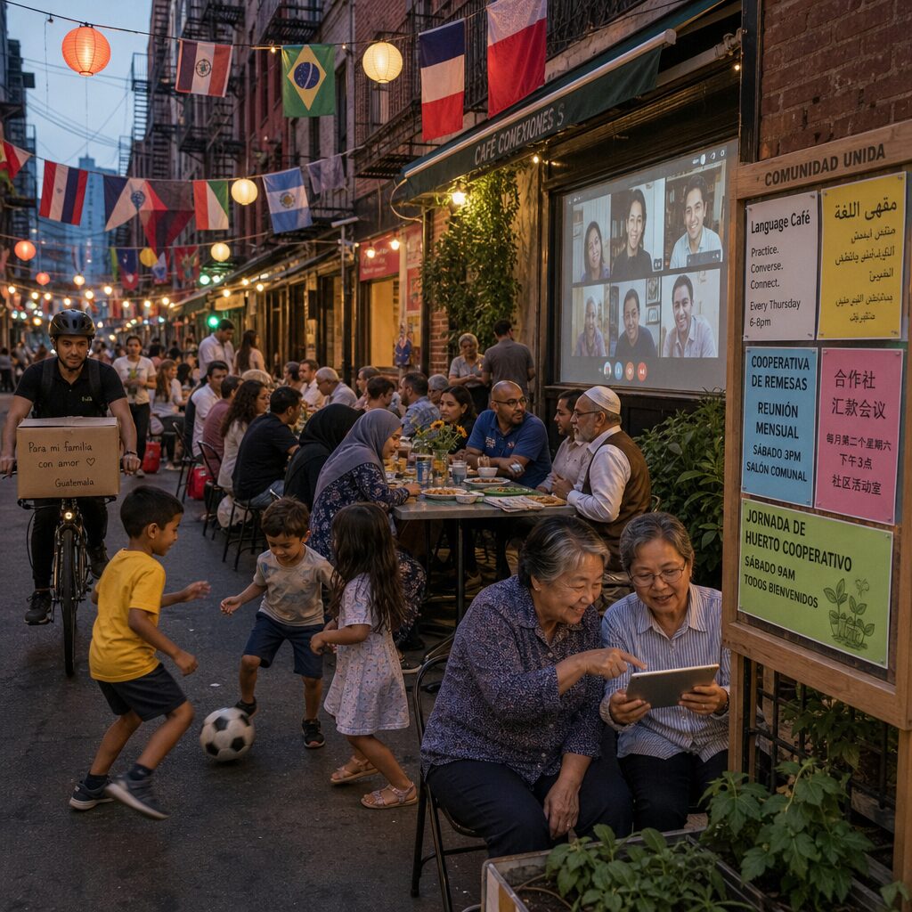 A vibrant urban street scene at dusk: neighbours from diverse backgrounds gathered around long communal tables spilling onto the pavement. Paper lanterns glow overhead, flags and fabric from different countries decoratively draped along balconies. Children play with a football in the foreground while elders share recipes printed on a tablet. In the background, a community noticeboard shows multilingual posters advertising a language café, a remittance co-op meeting and a weekend cooperative garden workday. The scene blends digital and analogue — a courier on a bicycle with a package labelled for an overseas family, a group video-call projected onto a café window — conveying the layered, transnational life of a single neighbourhood.